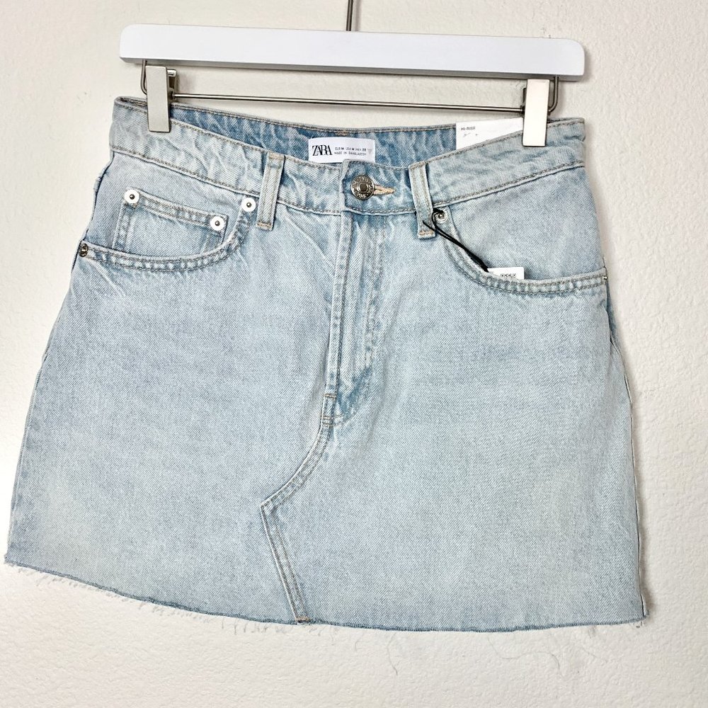 ZARA High Rise Distressed Light Wash Denim Mini Skirt NWT